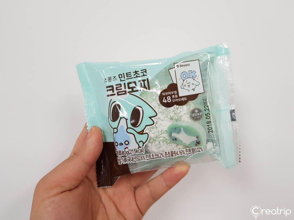 Cute mint chocolate cream mochi package with cartoon character design from 7-11