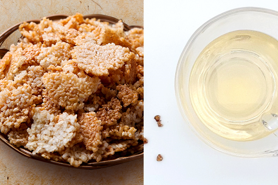 A display of traditional Korean nurungji, or scorched rice, paired with a cup of light golden tea. This combination offers a taste of Korean tradition, perfect for a comforting and warming experience.