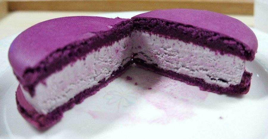 Inside Look of a Blueberry Macaron Ice Cream - Delightful layers of purple macaron and blueberry ice cream fill the center.