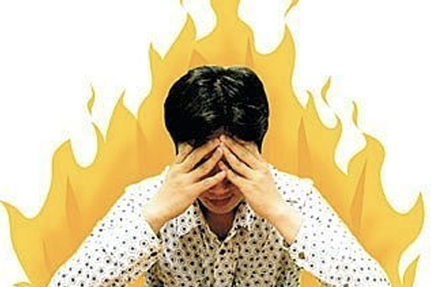 一個人雙手扶額，背景有火焰效果，對應韓國獨特的「火病」概念，描述因長期情緒壓抑引發的心理及身體痛苦。