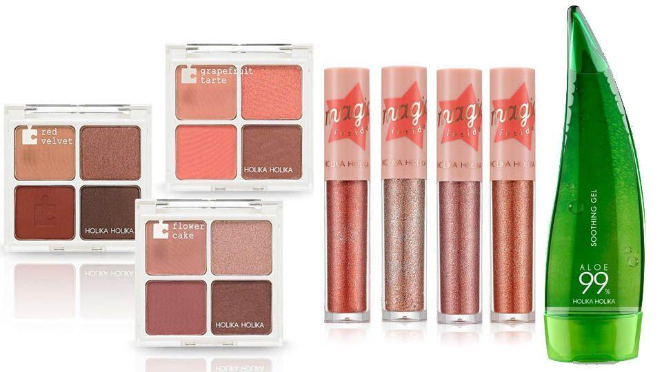 Produits de maquillage de Holika Holika, comprenant des palettes de fards à paupières et des gels apaisants aloe vera.