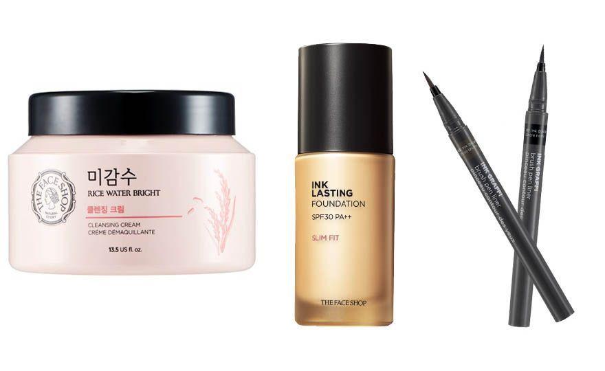 Produits cosmétiques The Face Shop, incluant fond de teint Ink Lasting et crème nettoyante à l'eau de riz.