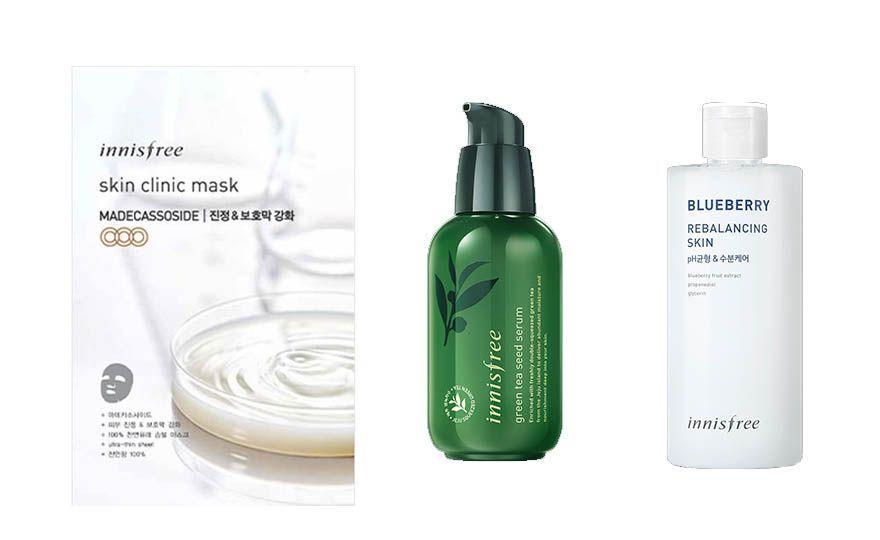 Produits de soins de skin Innisfree, incluant sérum aux graines de thé vert et nettoyants Superfood Blueberry.