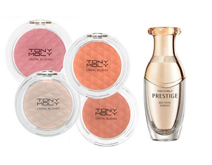Produits phares de TONYMOLY, tels que le blush Cristal et l'essence d'escargot Prestige Jeju.