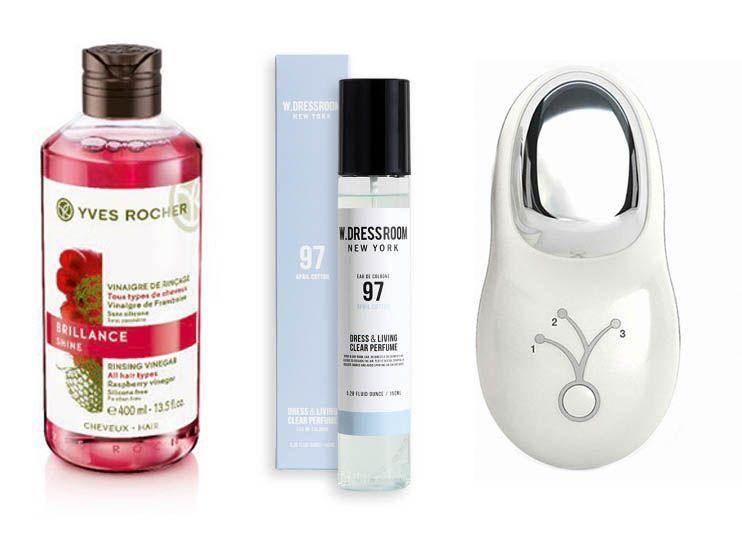 Sélection de produits Yves Rocher chez Olive Young, incluant vinaigre de rinçage à la framboise et parfum W.Dressroom.