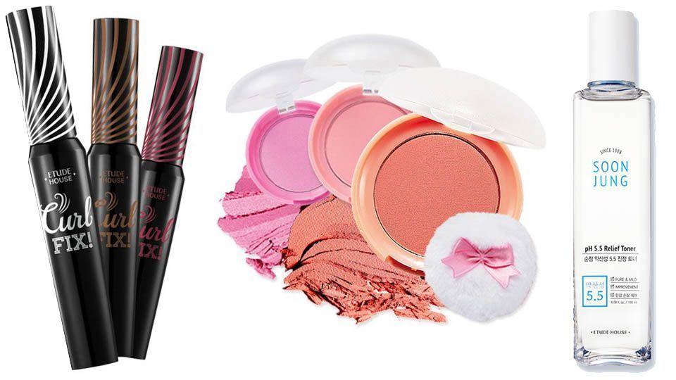Produits de maquillage populaires de Etude House, incluant des mascaras et des blushs.