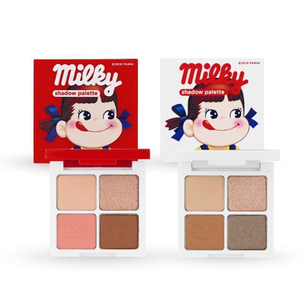Palette de fards à paupières Holika Holika x Milky avec emballage coloré, disponible en éditions rouge et blanc.
