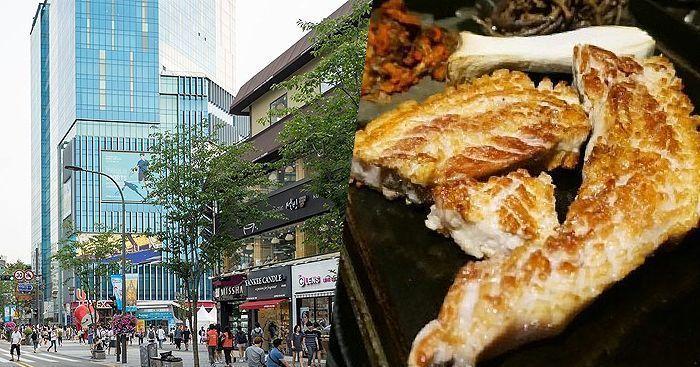 韓國新村街頭景觀，週邊有各式餐廳與商店，旅遊購物良好的選擇