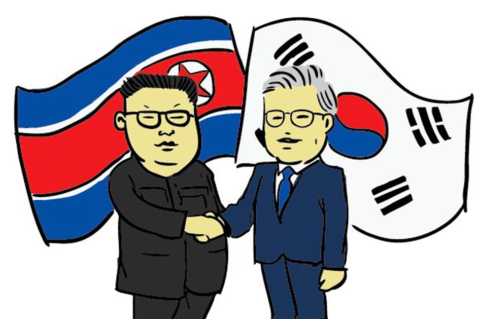 Illustrated handshake between leaders, symbolizing potential cooperation between North and South Korea, with flags in the background.