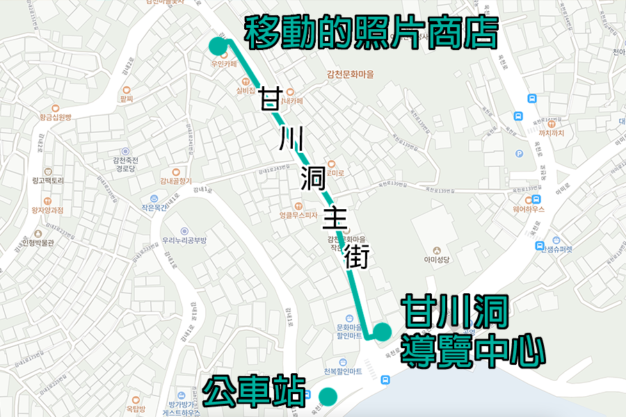 지도에서 설치류 마을 내부의 GIF 사진 상점을 보여주는 그림. 주요 위치와 지점들이 한국어로 표기되어 있으며, 길 안내가 강조되어 있다.