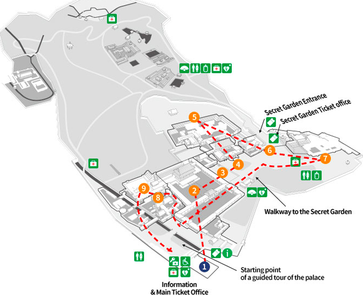 Map of Changdeokgung Palace showcasing routes and important landmarks including Secret Garden.