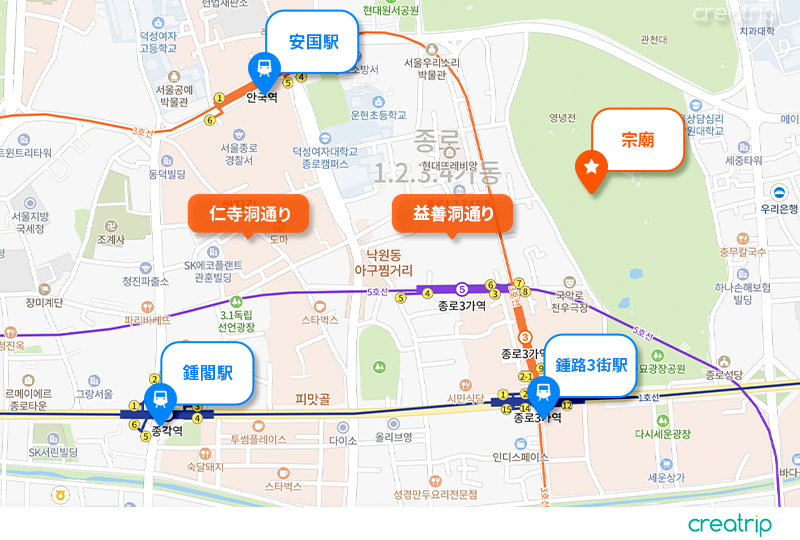 益善洞とその周辺の観光名所を示した詳細な地図