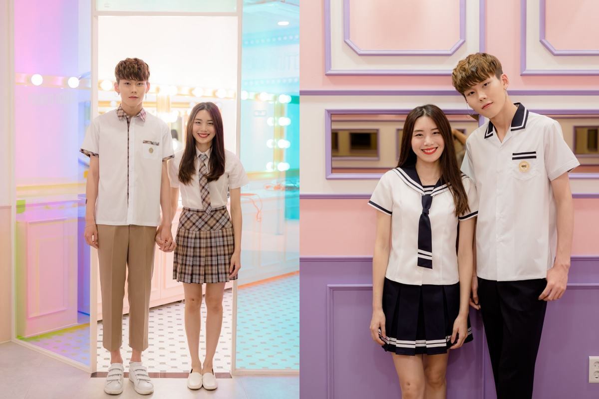 齊全的梨花校服店內部展示，提供多款韓國制服供顧客租借和選購。