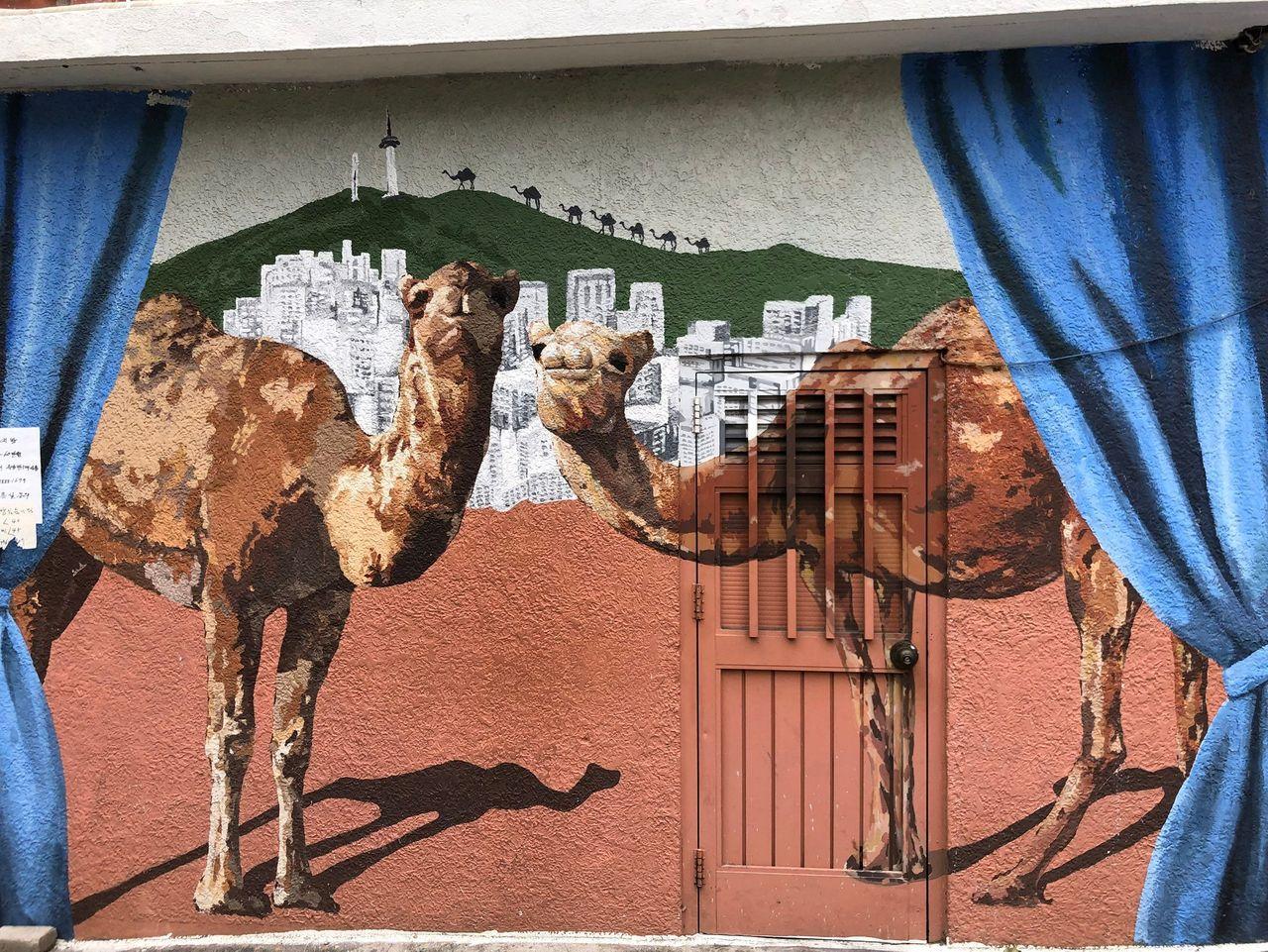 Colorful mural of two camels against a backdrop of Seoul's skyline at Ihwa Mural Village, a famous artistic and cultural location in Seoul.