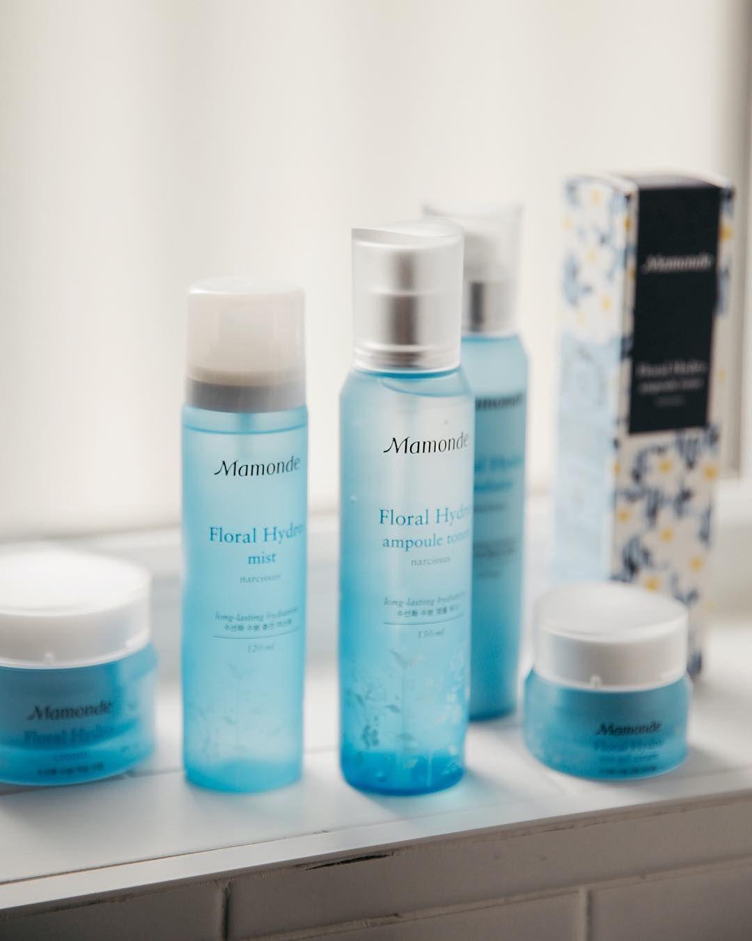 Mamonde系列产品，展示其蓝色调包装和清爽保湿效果，适合所有肌肤类型。