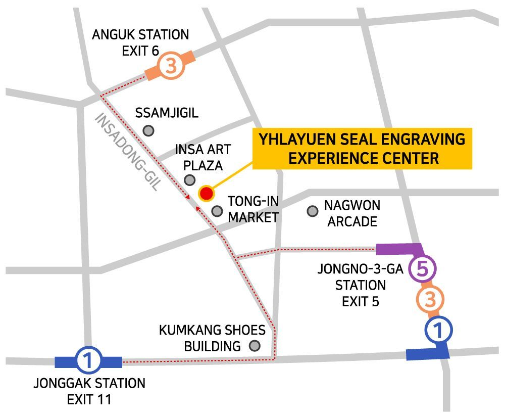 仁寺洞位置指南地圖，詳述K-Art Center手工印章體驗館的到達途徑