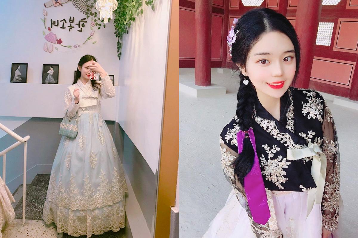 展示身穿華麗韓服女子的插圖和照片，展示韓服少女的優雅與獨特設計。