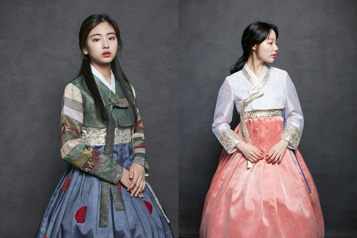 在韓服少女租借店拍攝的展示不同韓服配件的背景插圖。」