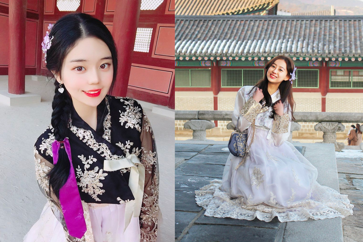 Selection of hanbok styles available at Hanbok Girls rental store near Gyeongbokgung Palace, showcasing the elegance and tradition of authentic Korean clothing.