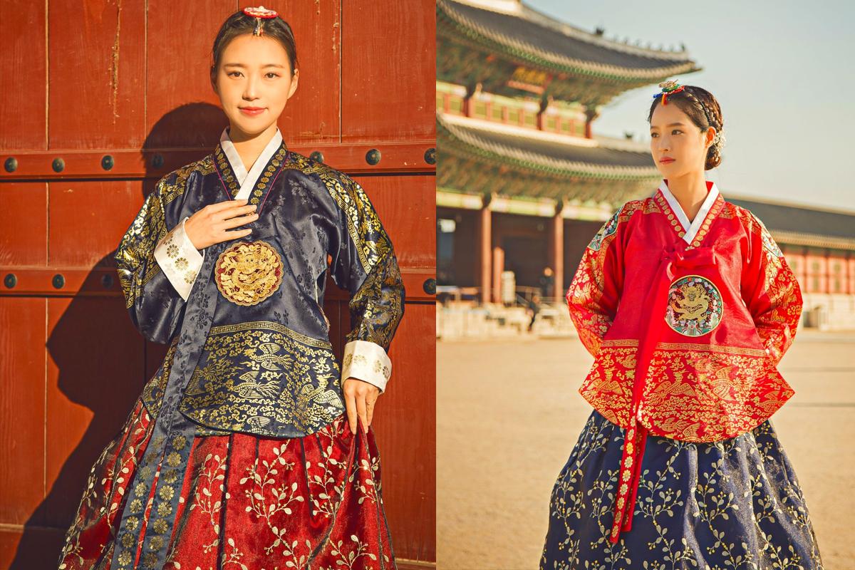 A modern image showcasing hanbok rental services near the Korean royal palace, highlighting the convenience for tourists.