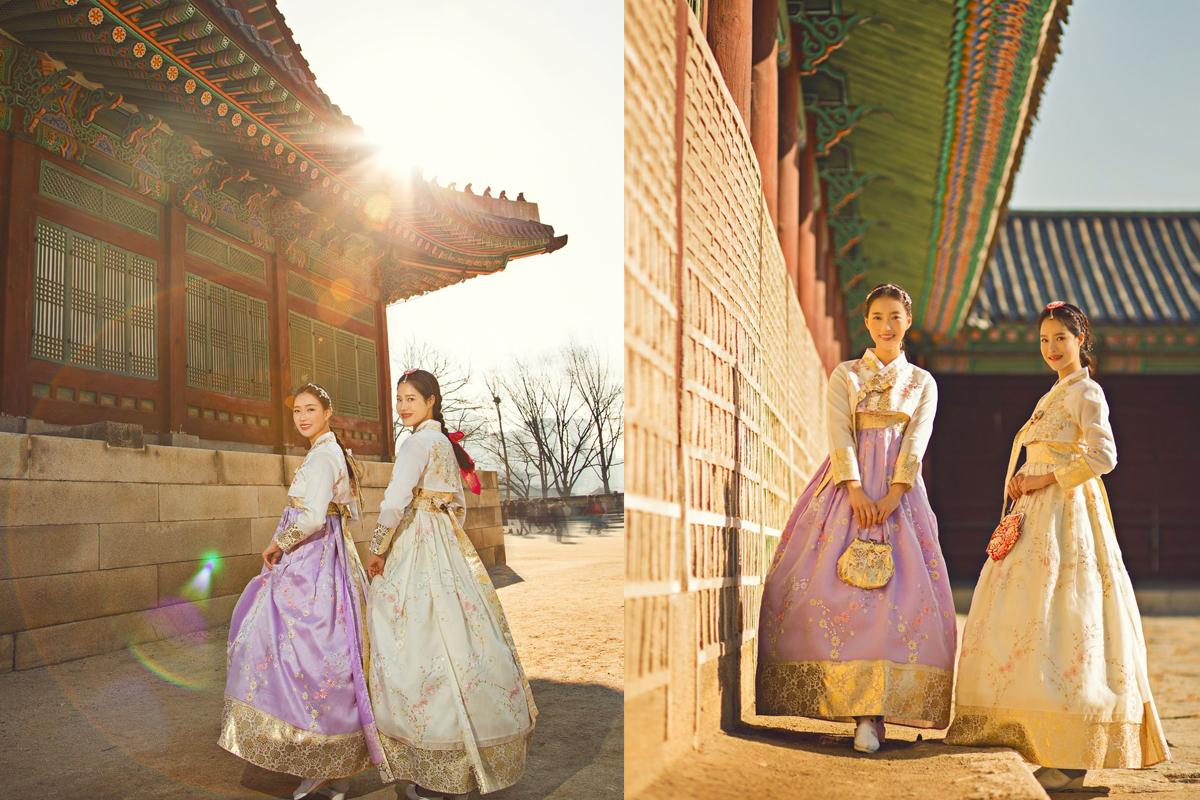 A couple dressed in hanbok, capturing a romantic moment within Seoul's historical landmarks.