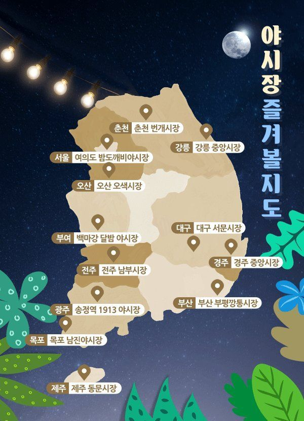 韓國夜市地圖，顯示韓國各地主要夜市的位置，包括首爾、釜山、大邱等城市的夜市分佈。