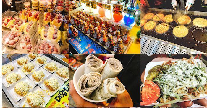 Assortment of colorful food items like rolled ice cream and fried pancakes at a Korean night market.