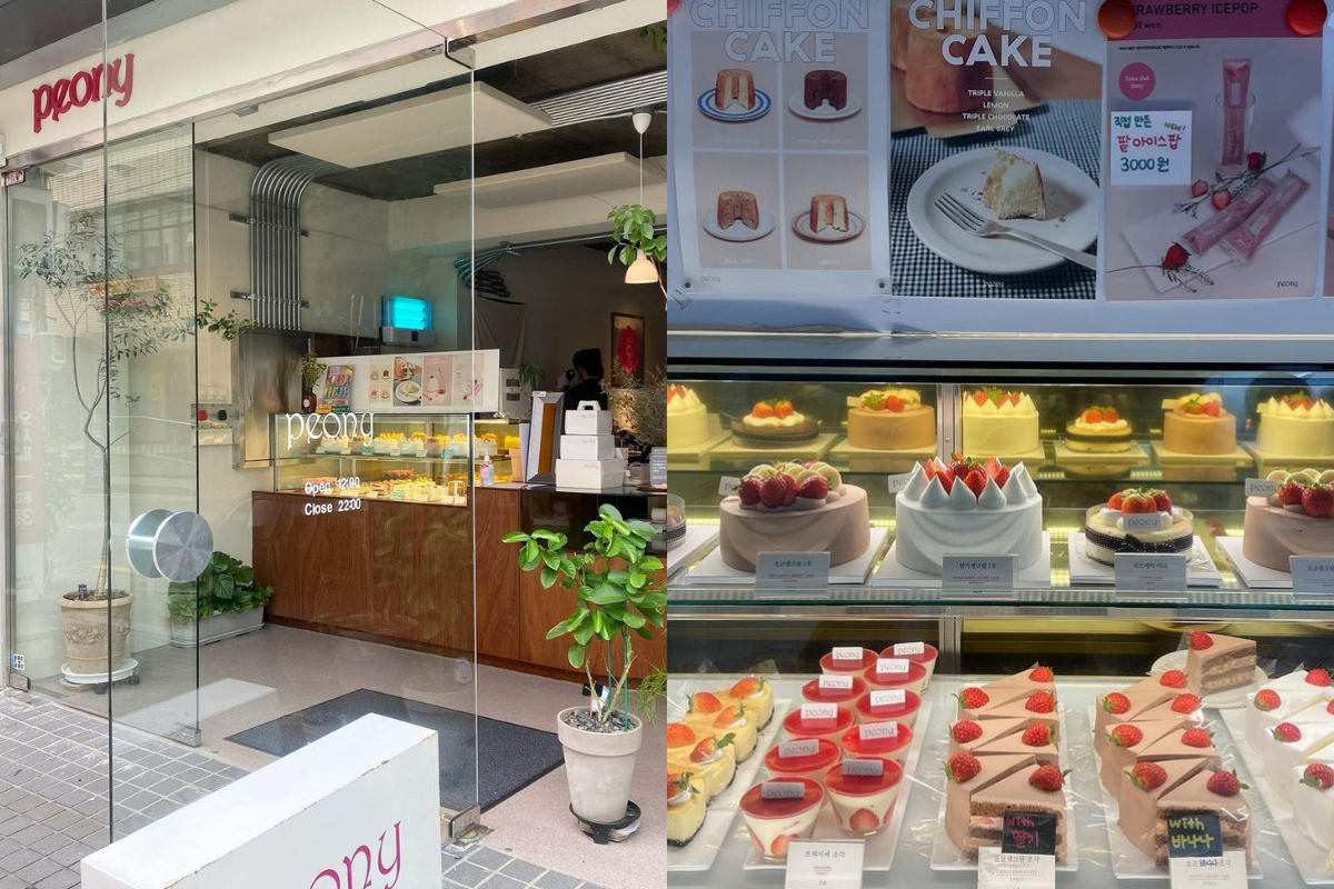 Peony Yeonnam cafe’s bright storefront with a glass entrance, showcasing assorted beautifully arranged cakes inside.