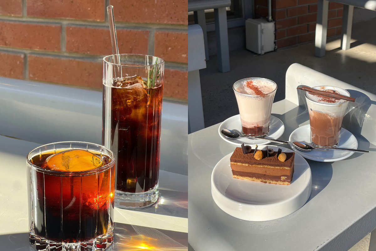 Vegan-friendly beverages and elegant desserts at Perlen Yeonnam cafe in Seoul, perfect for Instagram photos.
