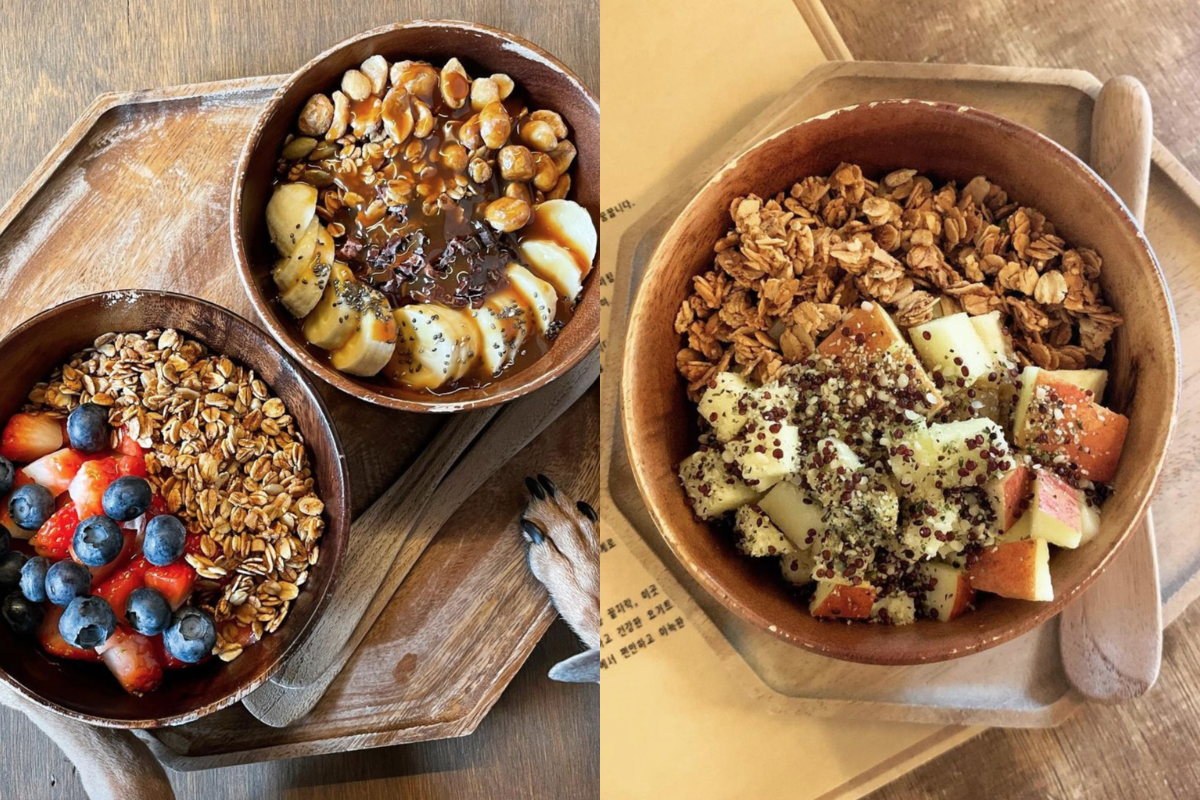 Various Greek yogurt bowls at Thanks, Oat cafe in Yeonnam-dong showcasing colorful and nutritious ingredients.