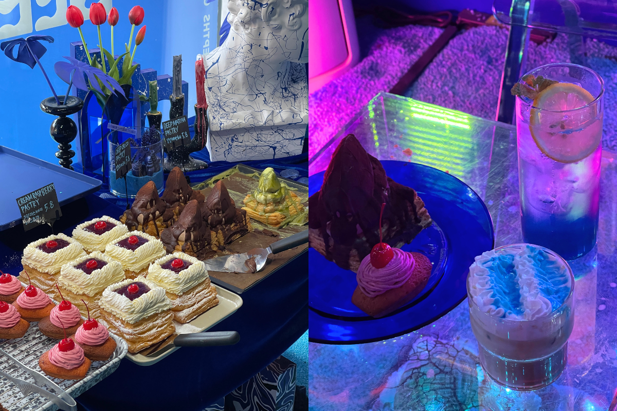 Overdeep Cafe’s dessert display in Yeonnam-dong showcasing pastries and unique drinks like Wave Cream Latte.