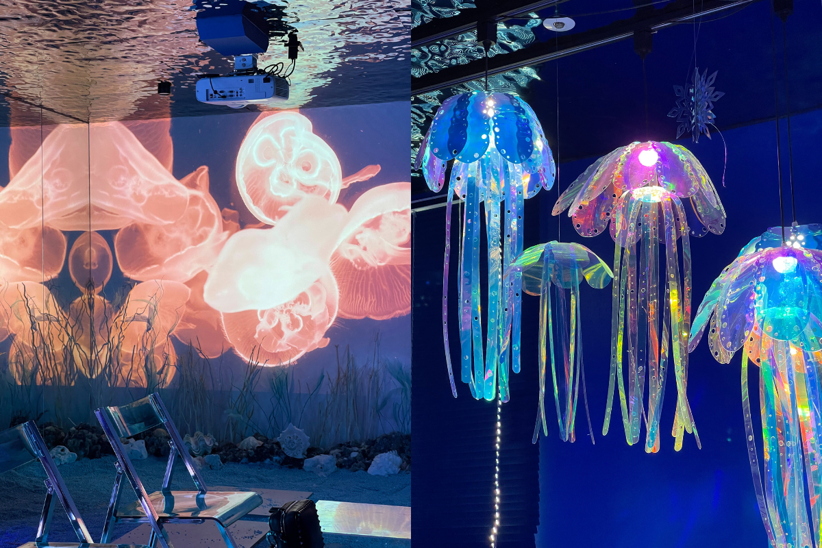 Overdeep Cafe in Yeonnam-dong featuring jellyfish-themed LED lighting in the aesthetic interior.