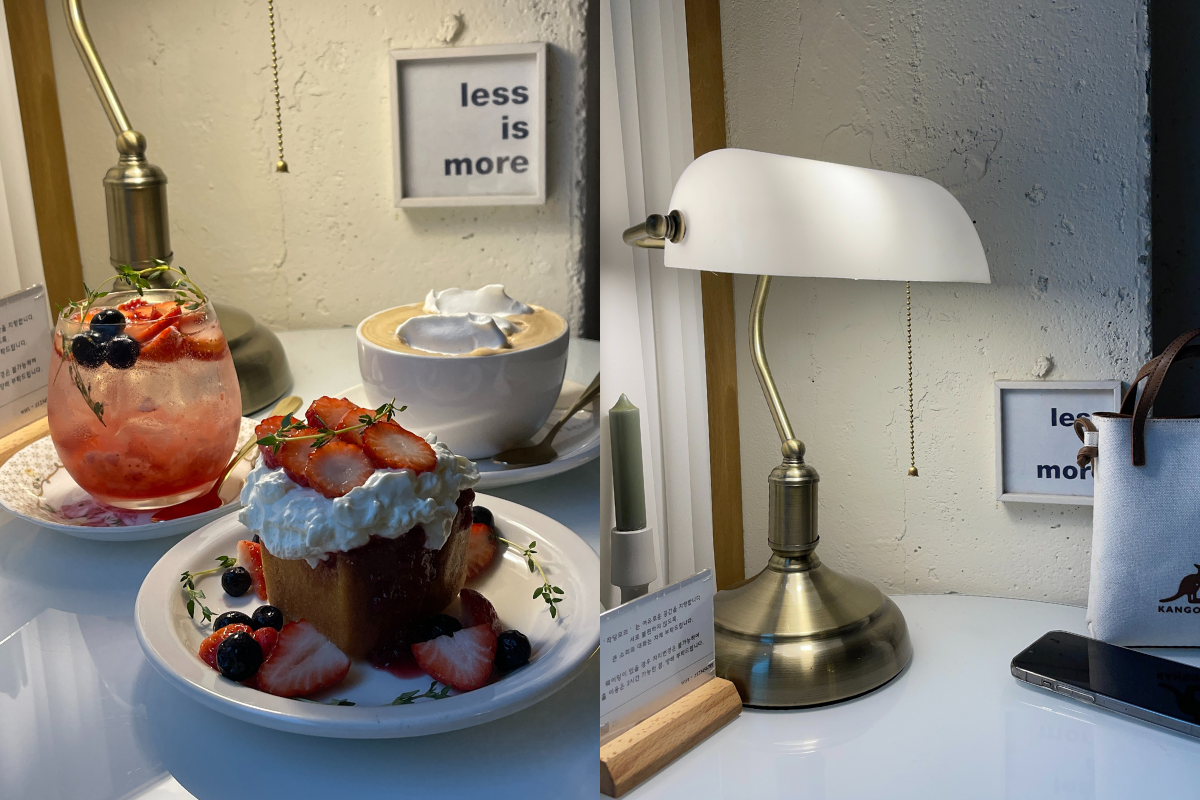 Zakdangmoi cafe in Yeonnam-dong featuring artfully presented desserts and drinks on trendy ceramic dishes.