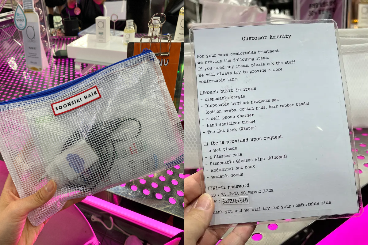 Soonsiki Hair amenities pouch containing essentials for a comfortable salon experience.