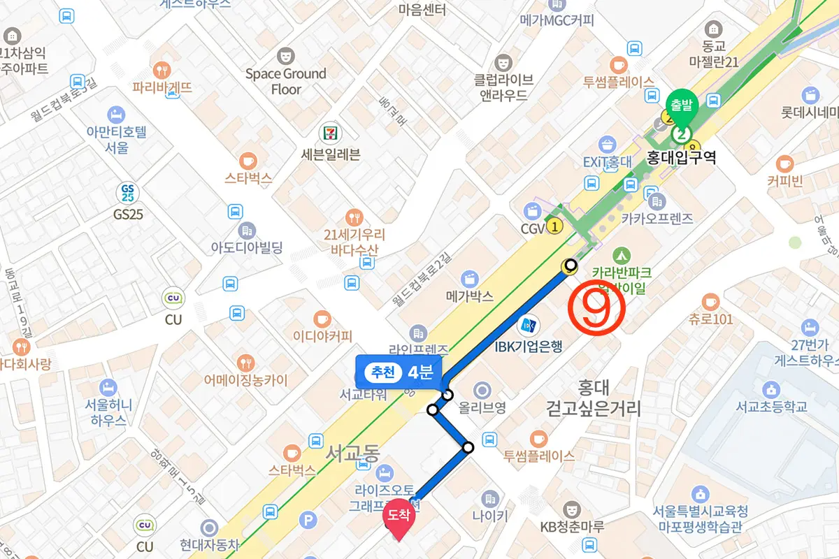 Map highlighting Soonsiki Hair Hongdae Hanok Branch location and walking directions.