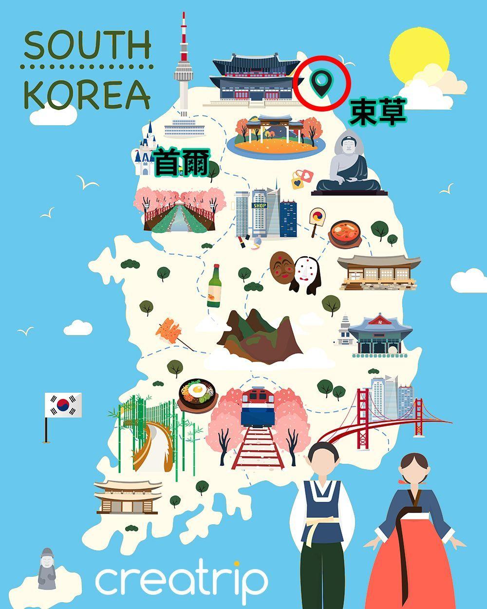 韓國旅遊地圖，顯示束草的位置，代表著韓國不同的旅遊景點和文化特色。