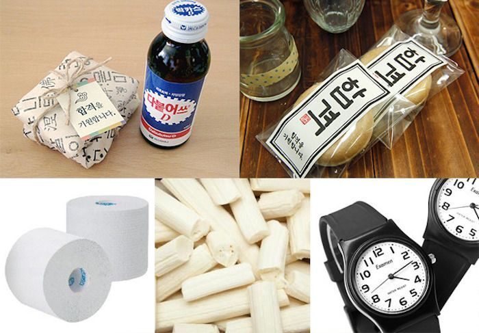 韓國用以應援的多種禮物,如合格年糕、捲裝廁紙等。