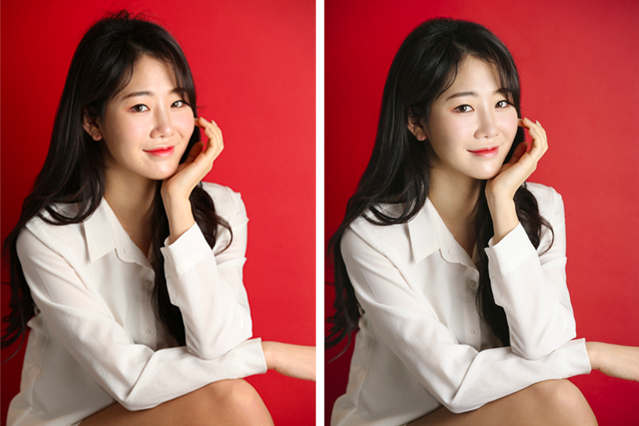 A photo comparison showing before and after editing of a professional ID photo at Time On Me Studio.