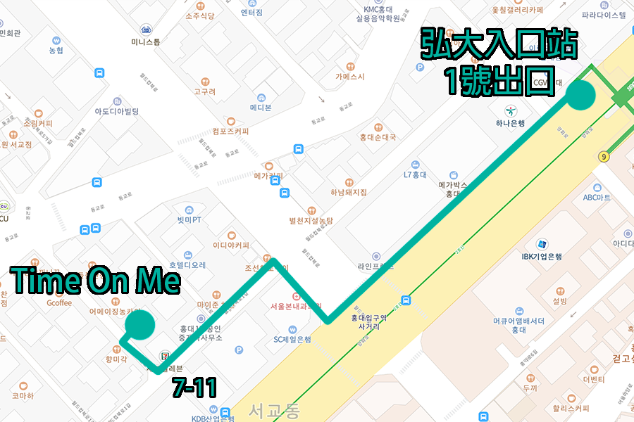 A map showing the walking route from Hongik University Station exit 1 to Time On Me Studio in Hongdae, Seoul, with path directions and landmarks labeled.