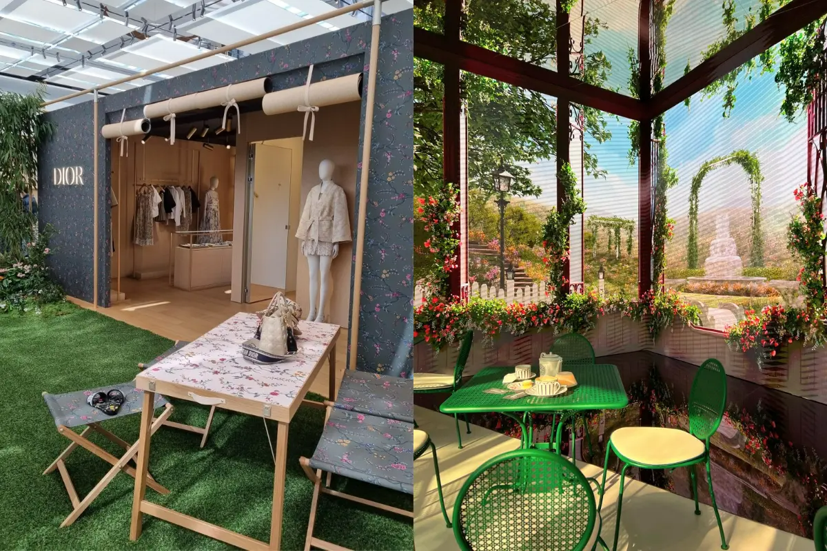 Dior 聖水にて開催されたポップアップイベントのディスプレイ、様々なファッションアイテムが展示されている。