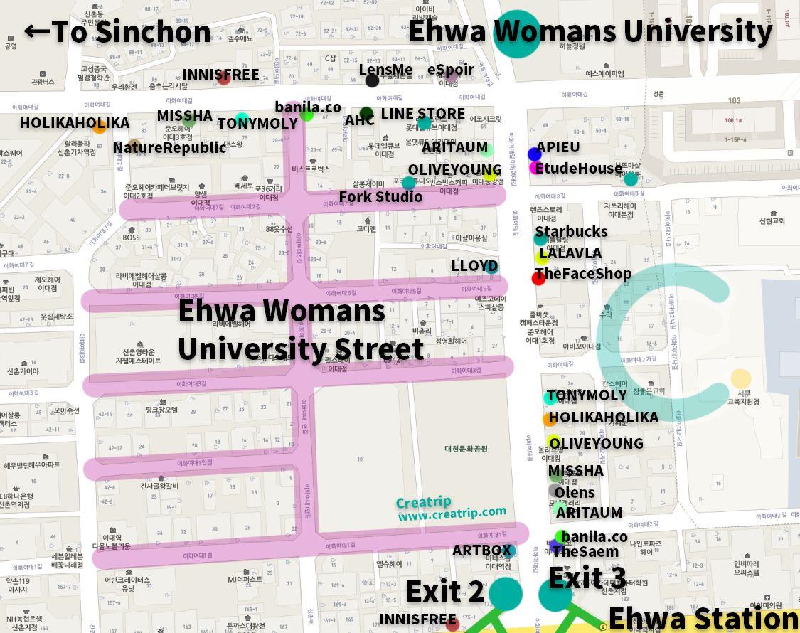 Ehwa Shopping Map featuring iconic fashion streets and boutique shops near Ehwa Women’s University, Seoul.