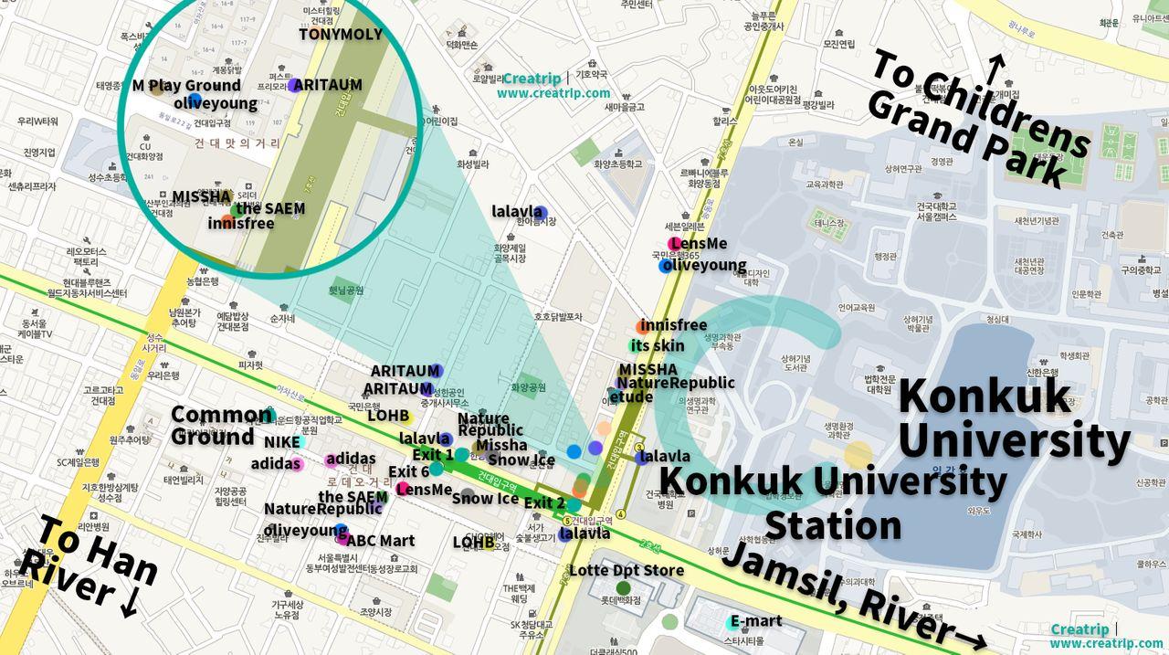 Konkuk University area map highlighting bustling shopping streets and famous restaurants near Konkuk station, Seoul.