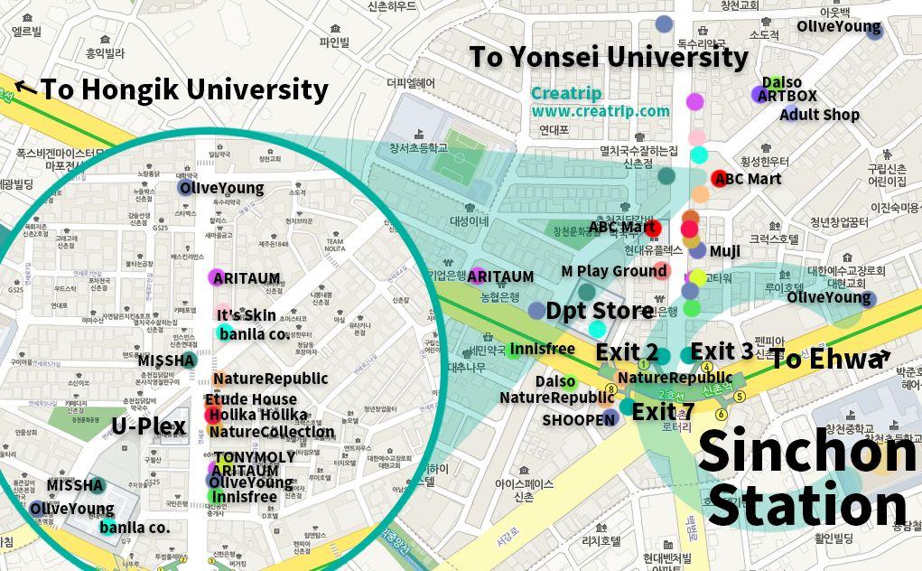 Sinchon shopping district map highlighting key stores and popular eateries in the bustling Sinchon area.