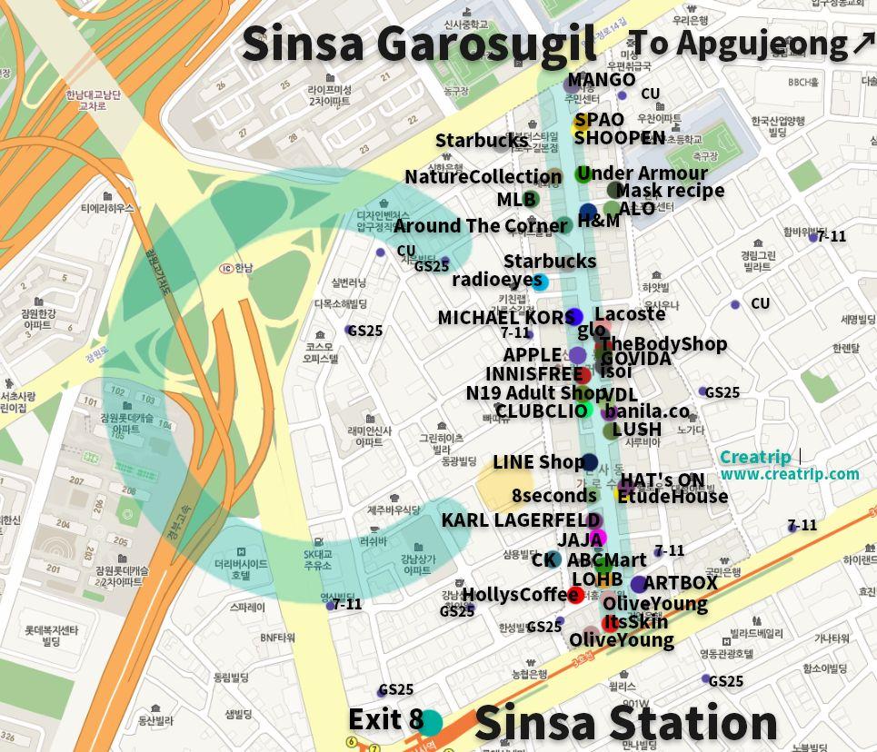 Sinsa shopping district map detailing upscale shopping streets and luxury brand outlets in Seoul’s Sinsa neighborhood.