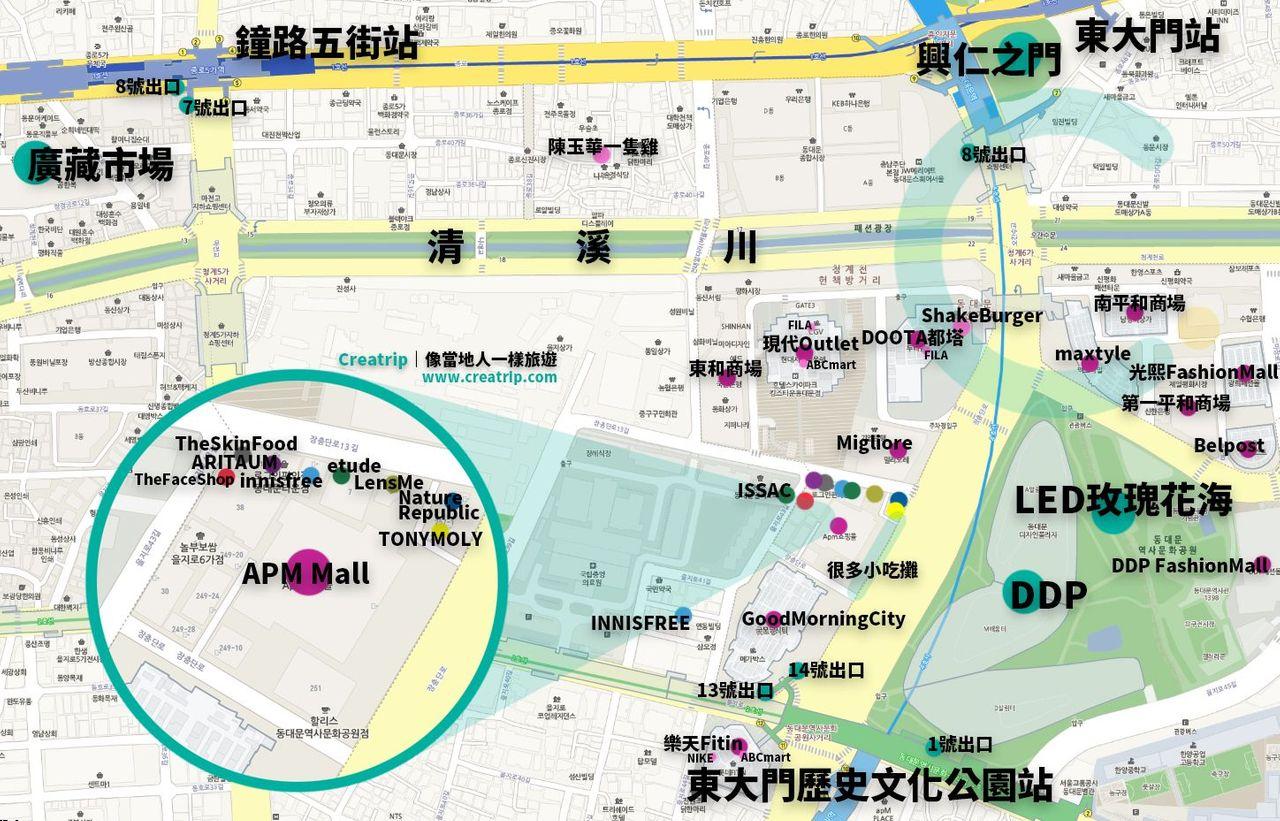東大門購物地圖,顯示出東大門市場的主要購物地段及知名品牌店,適合批發及零售購買,如TONYMOLY、Nature Republic等。