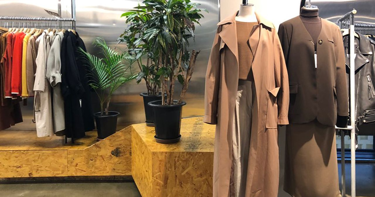 Stylish clothing store interior in Hongdae, emphasizing streamlined racks and stylish plant decor.