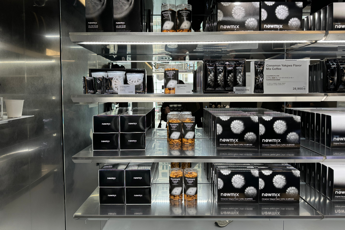 Interior of Newmix Coffee displaying a variety of coffee products and exclusive goodies like cinnamon yakgwa flavor mix.