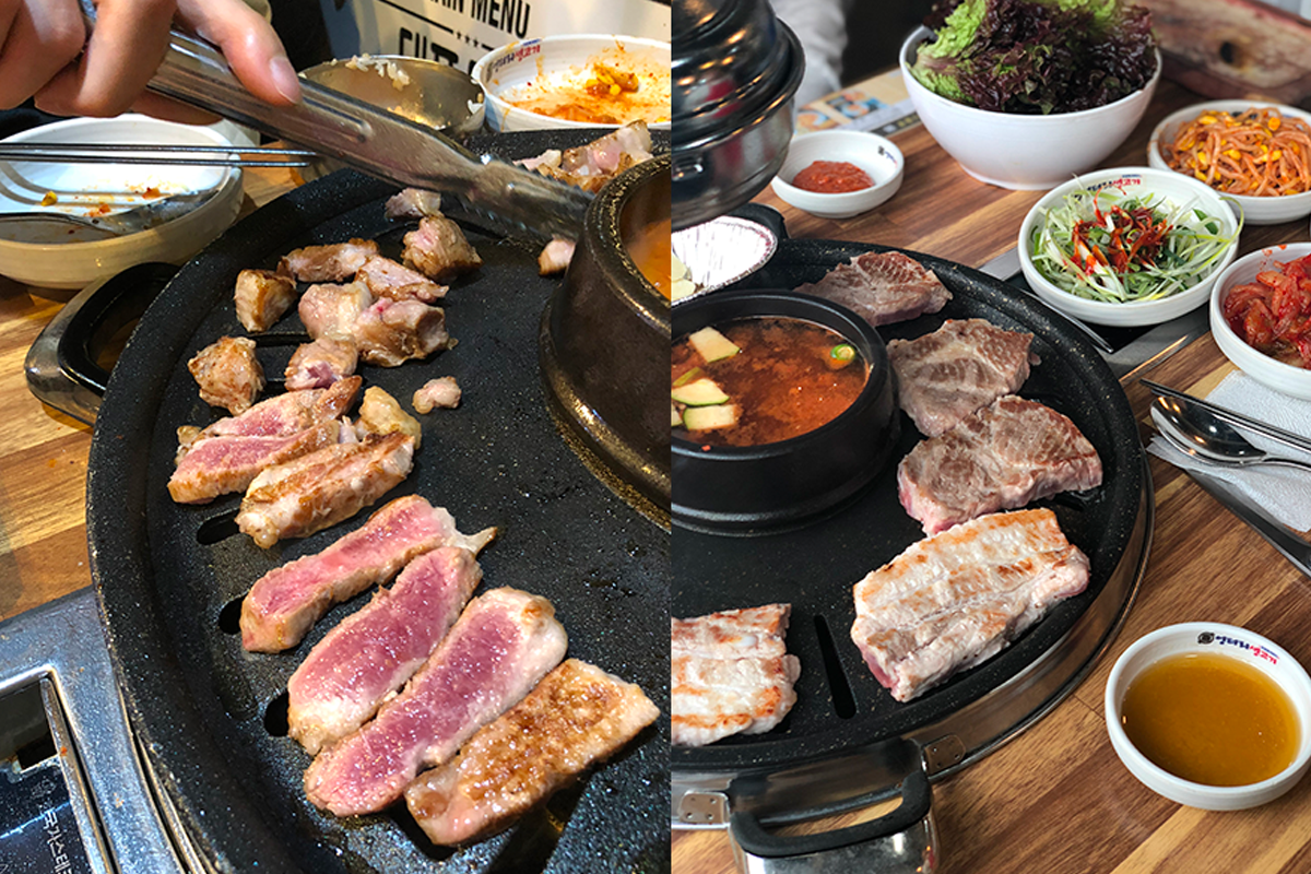 正在弘大荒謬的生肉店享用厚切三層肉的美味，肉質鮮嫩juicy