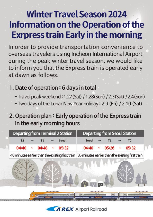 AREX winter travel schedule for 2024, detailing early morning express train operations for Incheon Airport travelers.