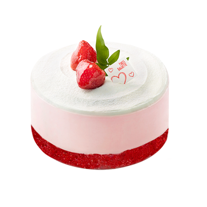 Paris Baguette节日特别草莓蛋糕，装饰有心形标识和新鲜草莓。